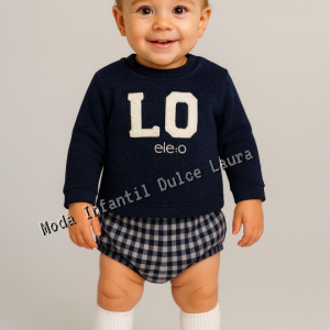 Conjunto sudadera pantalón corto vichy azul marino desde 6 meses hasta 4 años