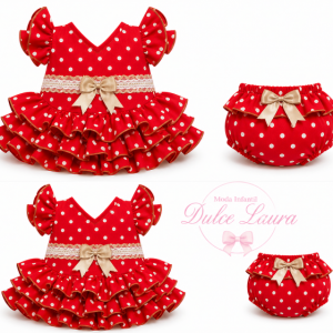 Vestido de flamenca rojo y lunares blancos detalles en camel con braguita a juego desde 3 meses hasta 18 meses