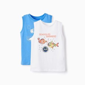 Pack dos camisetas sin manga azul y blanca dibujo pececitos 6 a 36 meses