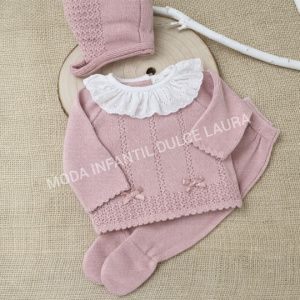 Conjunto hilo 3 piezas jersey, polaina y capota rosa maquillaje desde 00 hasta 6 meses C1015