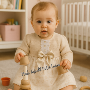 Vestido lana y tela estampada dibujos blanco y arena desde 1 mes hasta 18 meses