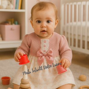 Vestido lana y tela estampada dibujos blanco y rosa desde 1 mes hasta 18 meses