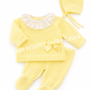 Conjunto hilo tres piezas cuello volante y lazo amarillo desde 00 hasta 6 meses c1004