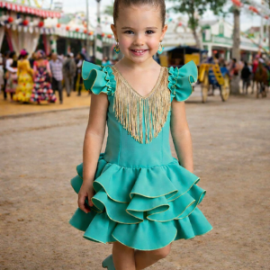 Vestido flamenca liso verde flecos camel desde 1 año hasta 6 años