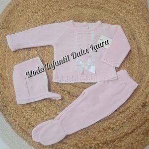Conjunto hilo rosa 3 piezas con lazo y encaje C8000 desde 0 hasta 3 meses
