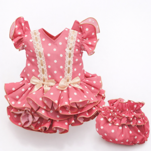 Vestido de flamenca rosa y lunares blancos detalles en camel con braguita a juego desde 3 meses hasta 18 meses