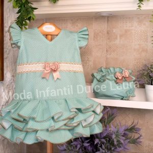 Vestido flamenca con braguita verde lunares lazo camel desde 3 meses hasta 24 meses