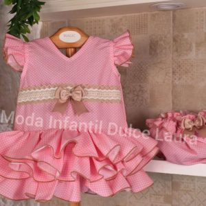 Vestido flamenca con braguita rosa lunares lazo camel desde 3 meses hasta 24 meses