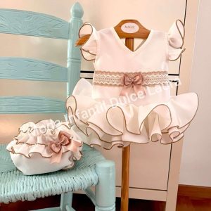 Vestido flamenca liso beig con braguita lazo camel desde 3 meses hasta 24 meses