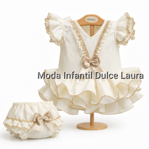 Vestido flamenco braguita lunares beige flocados desde 3 m hasta 24 meses