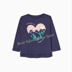 Camiseta manga larga azul marino con montañas 3 a 14 años
