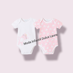 Pack dos bodies manga corta rosa y blanco gatitos 3 a 24 meses