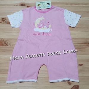 Pelele algodon manga corta rosa con dibujo de oso , luna y nube 0 a 24 meses