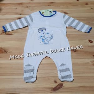 Pelele pijama algodon manga larga blanco y azul con dibujo de elefante 0 a 24 meses